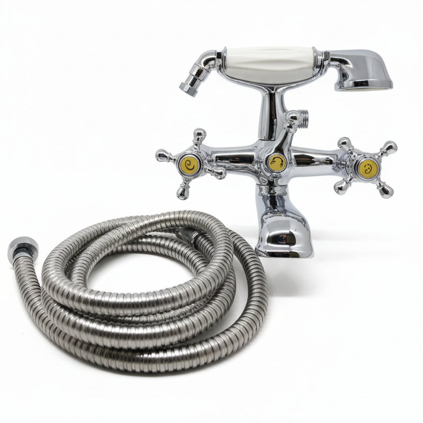 Grifo Bañera y Ducha Vintage Cromo – Estilo Retro con Teleducha y Flexo