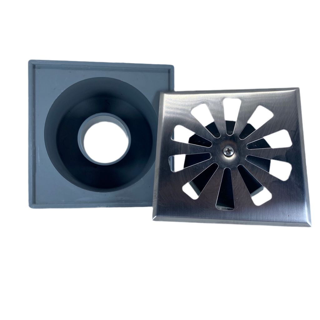 Sumidero Sifónico PVC 10x10cm con Rejilla Inox – Antiolores para Baño y Ducha