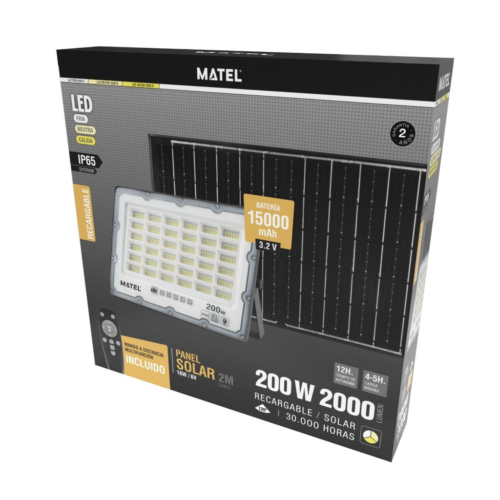 Proyector LED Solar 200W CCT IP65 – Batería 15000mAh, 2000 Lúmenes, Máxima Potencia