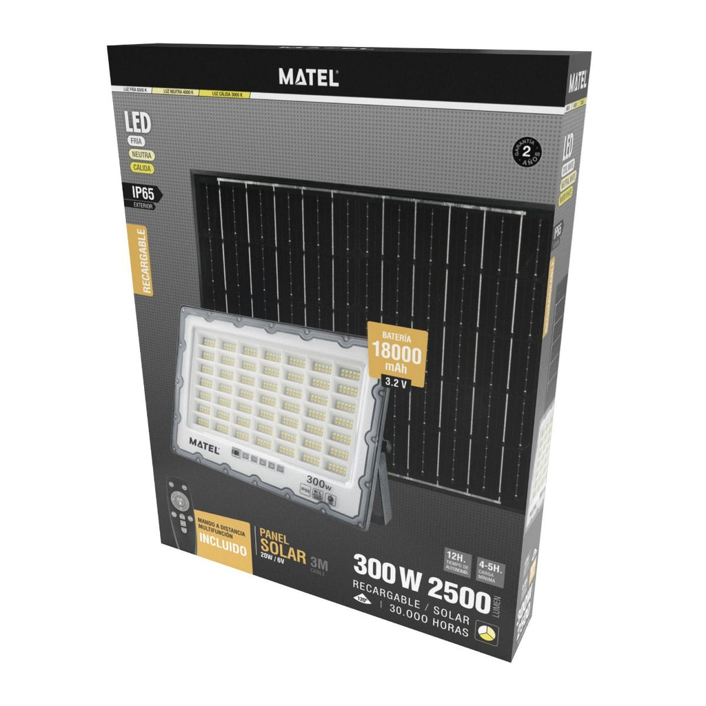 Proyector LED Solar 300W CCT IP65 – Batería 18000mAh, 2500 Lúmenes, Tope de Gama