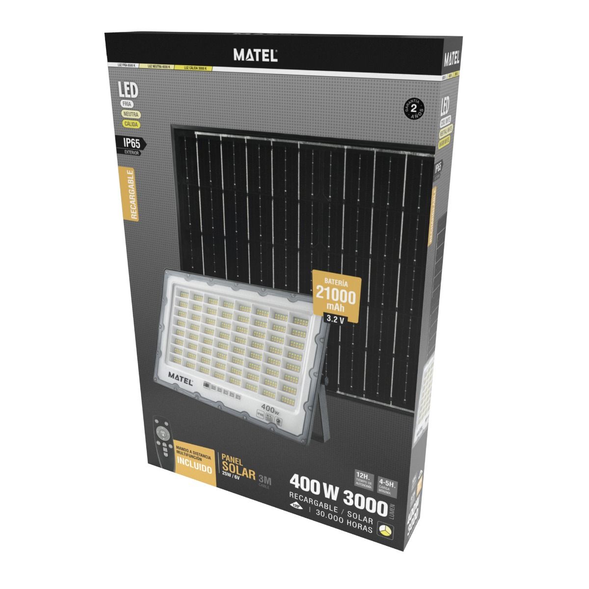 Proyector LED Solar 400W CCT IP65 – Batería 21000mAh, 3000 Lúmenes, Potencia Máxima