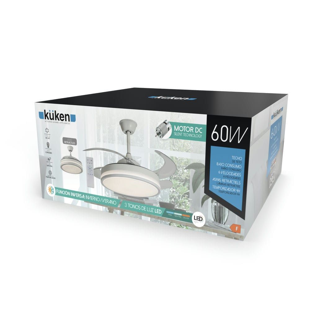 Ventilador de Techo DC con Luz LED y Aspas Retráctiles – Silencioso y Eficiente | Blanco y Cromo