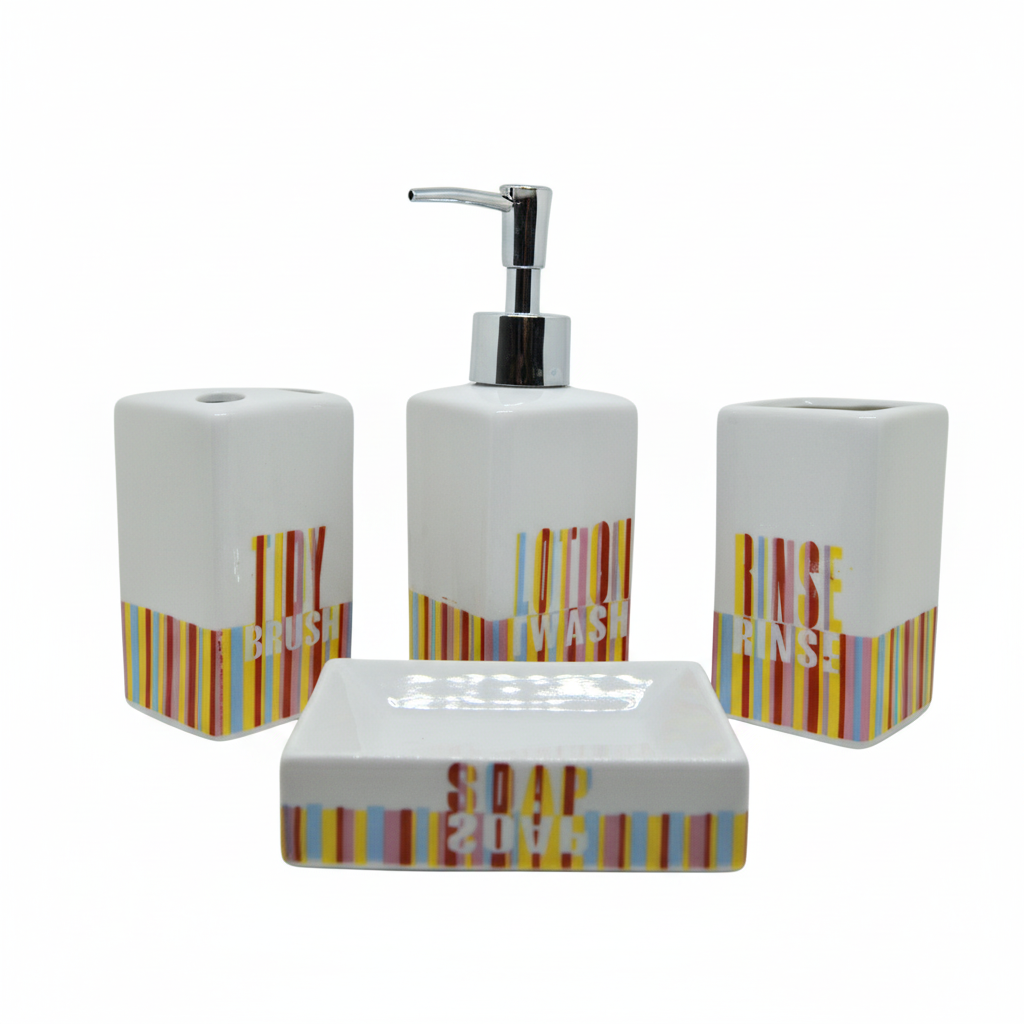 Juego Accesorios Baño Cerámica 4 Piezas – Dispensador, Jabonera, Vaso y Portarrollos