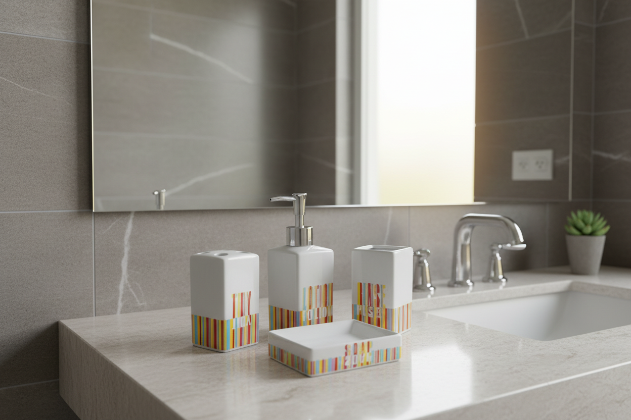 Juego Accesorios Baño Cerámica 4 Piezas – Dispensador, Jabonera, Vaso y Portarrollos