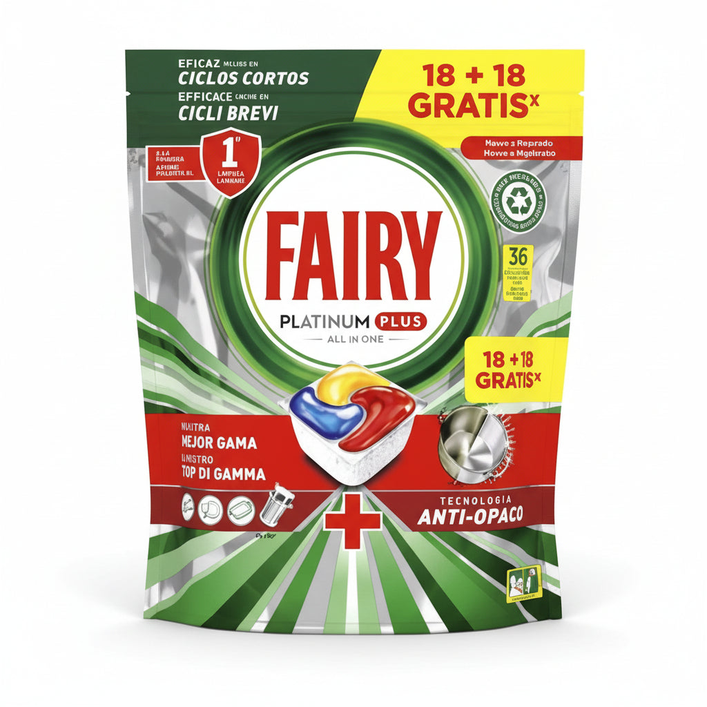 Fairy Platinum Plus 36 Pastillas Lavavajillas – Cápsulas Todo en Uno 18+18