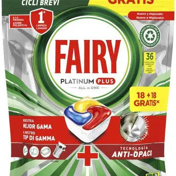 Fairy Platinum Plus 36 Pastillas Lavavajillas – Cápsulas Todo en Uno 18+18