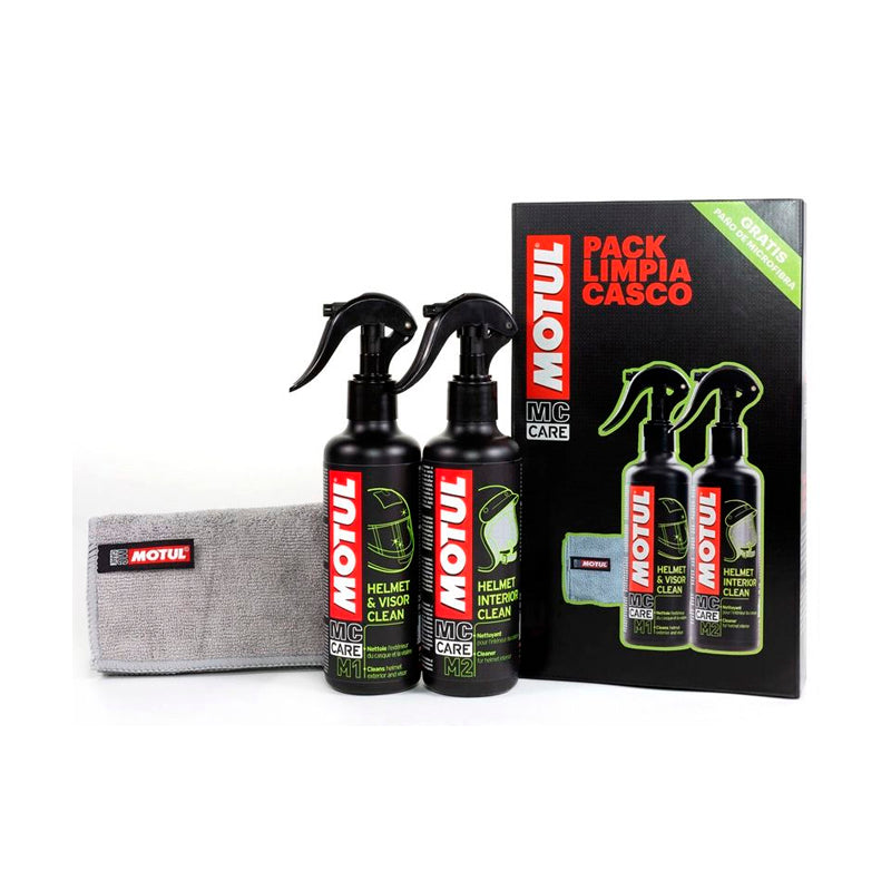Motul Pack Limpia Cascos M1 + M2 + Microfibra – Limpieza Exterior e Interior Completa