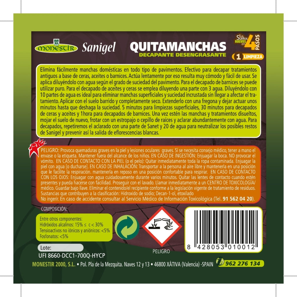 Decapante Alcalino Sanigel Monestir 1L – Elimina Ceras, Barnices y Manchas Difíciles